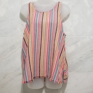 Drew Agave Linen Frayed Hem Striped Top L
